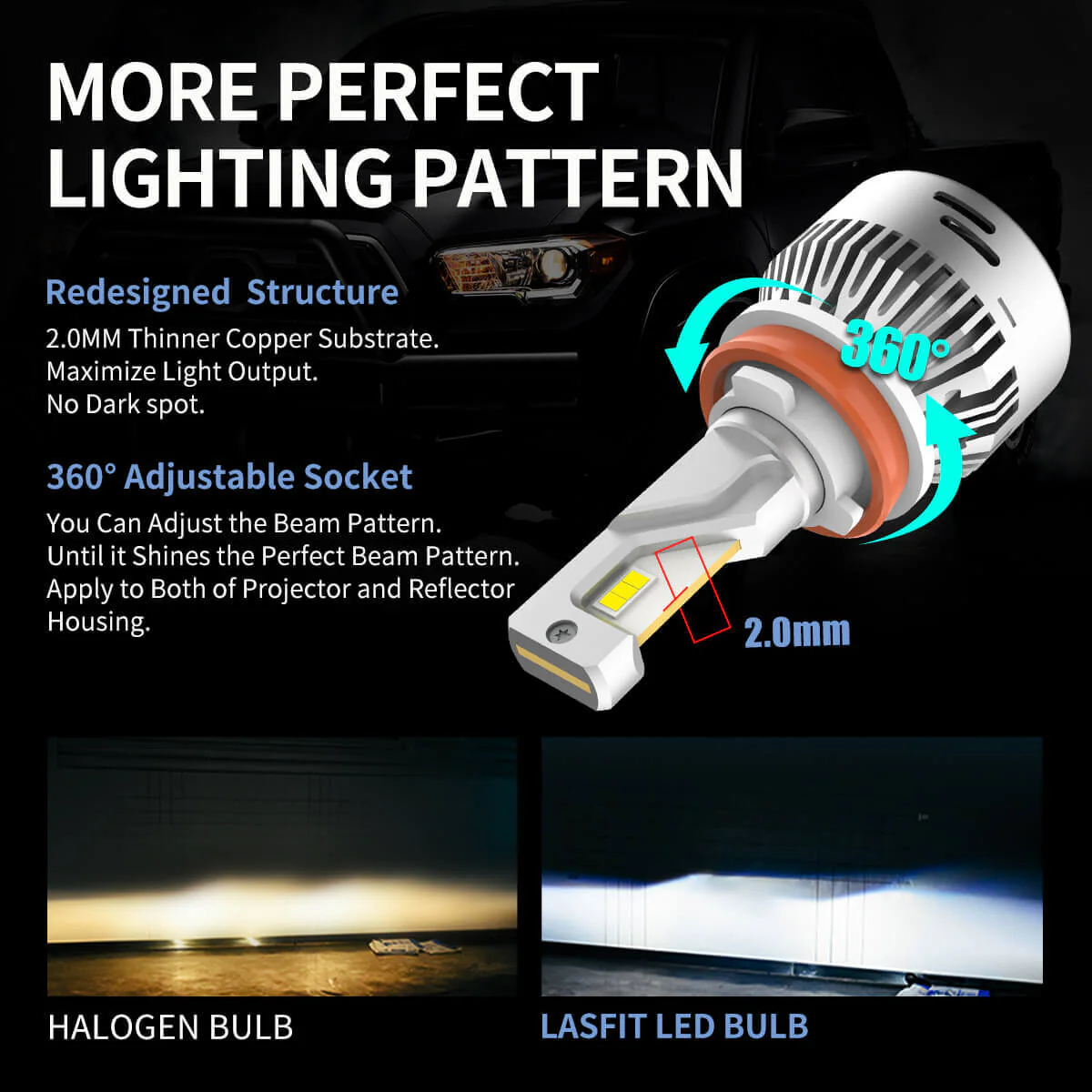 Lasfit LA Plus Series H11 H9 H8 LED Bulb 60W 6000LM 6000K Amplified Flux Beam | 2 Bulbs - Image 5